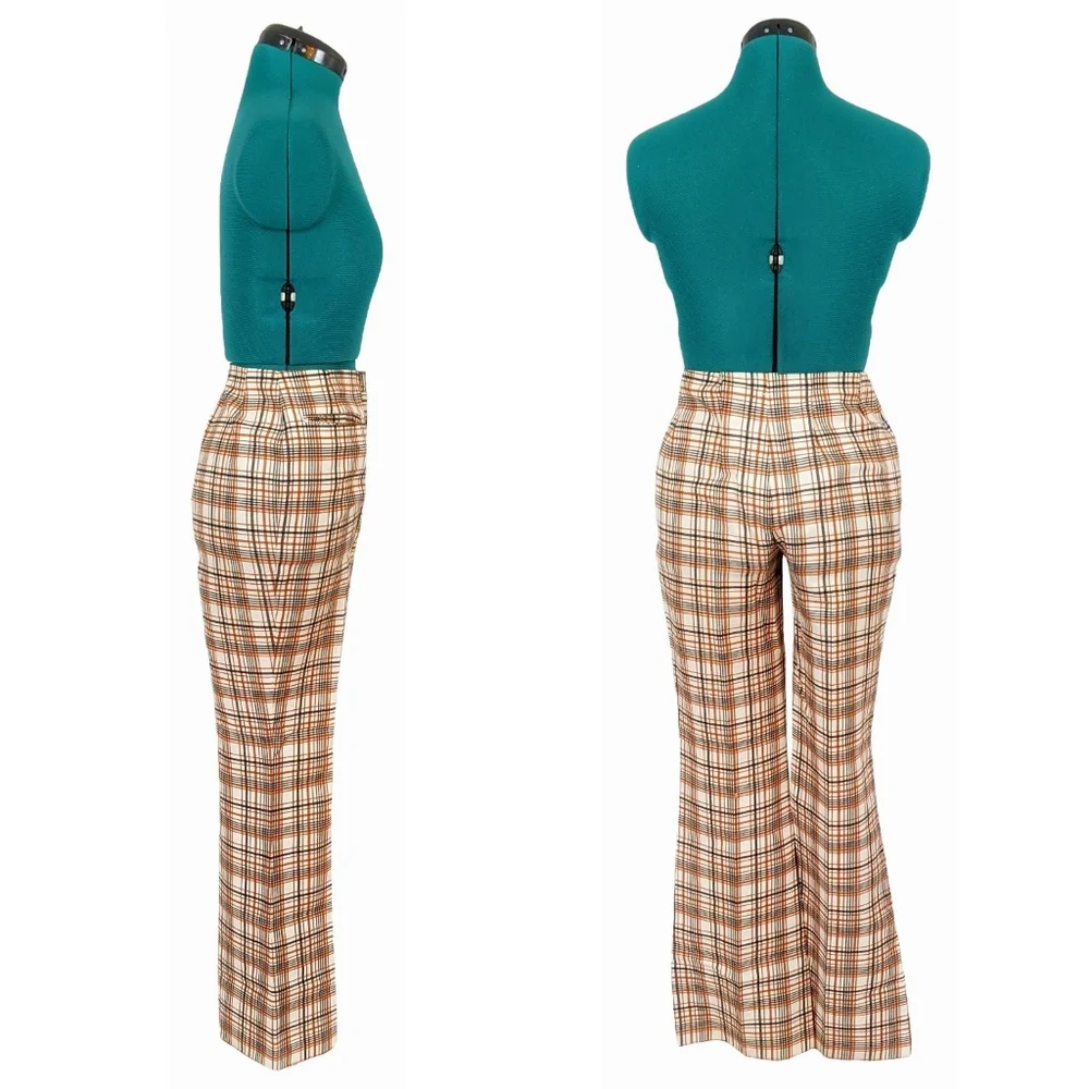 1960s Levi's for Gals Pants 1970s Bootcut Flare Trousers Plaid Brown Mid Rise - Picture 2 of 9